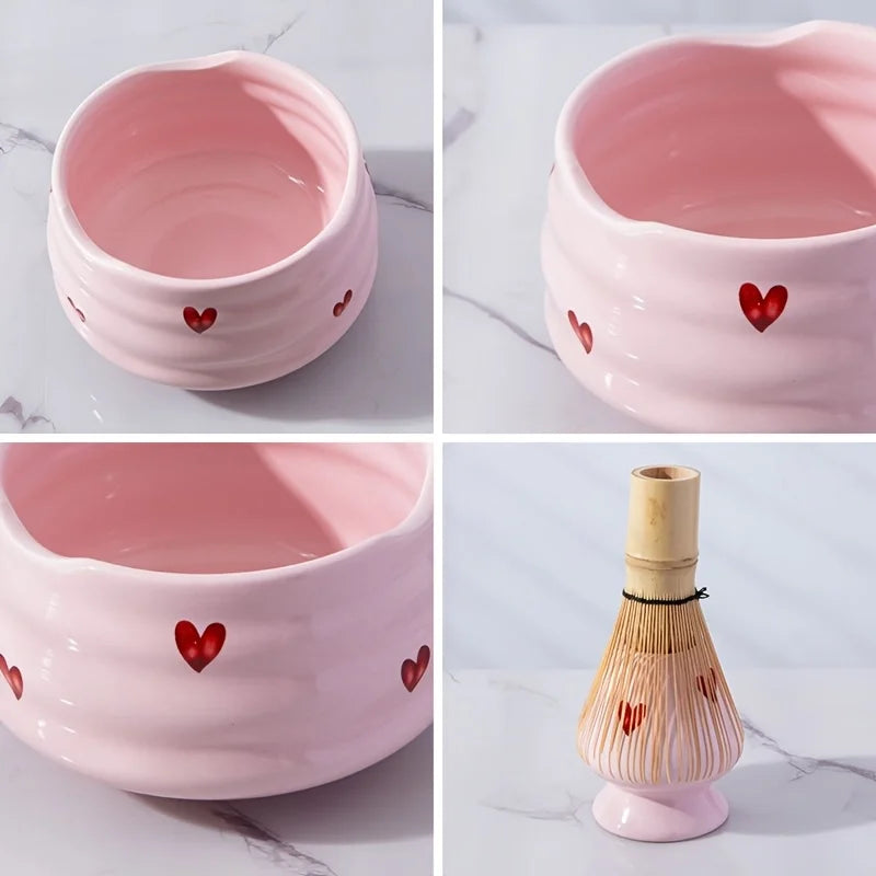 5pcs Pink Heart Decal Ceramic Matcha Set, Cute Matcha Set