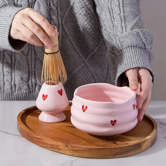 5pcs Pink Heart Decal Ceramic Matcha Set, Cute Matcha Set