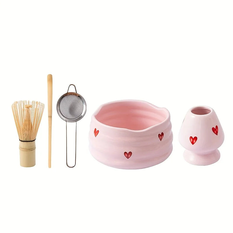 5pcs Pink Heart Decal Ceramic Matcha Set, Cute Matcha Set