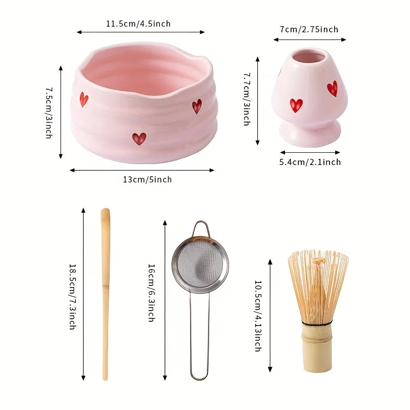 5pcs Pink Heart Decal Ceramic Matcha Set, Cute Matcha Set