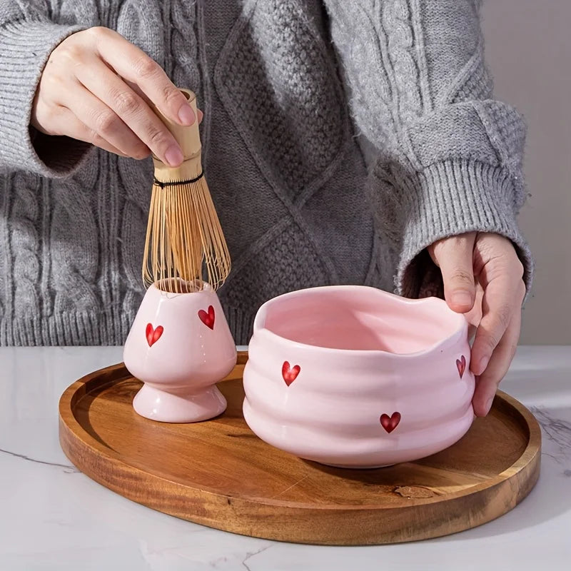5pcs Pink Heart Decal Ceramic Matcha Set, Cute Matcha Set